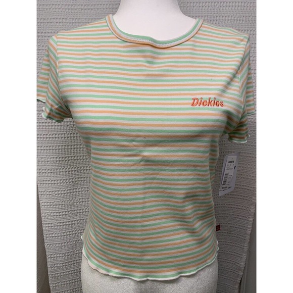 Dickies Shirt XL Girls Juniors Short Sleeve Striped Baby Tee Top White Green - Picture 1 of 6
